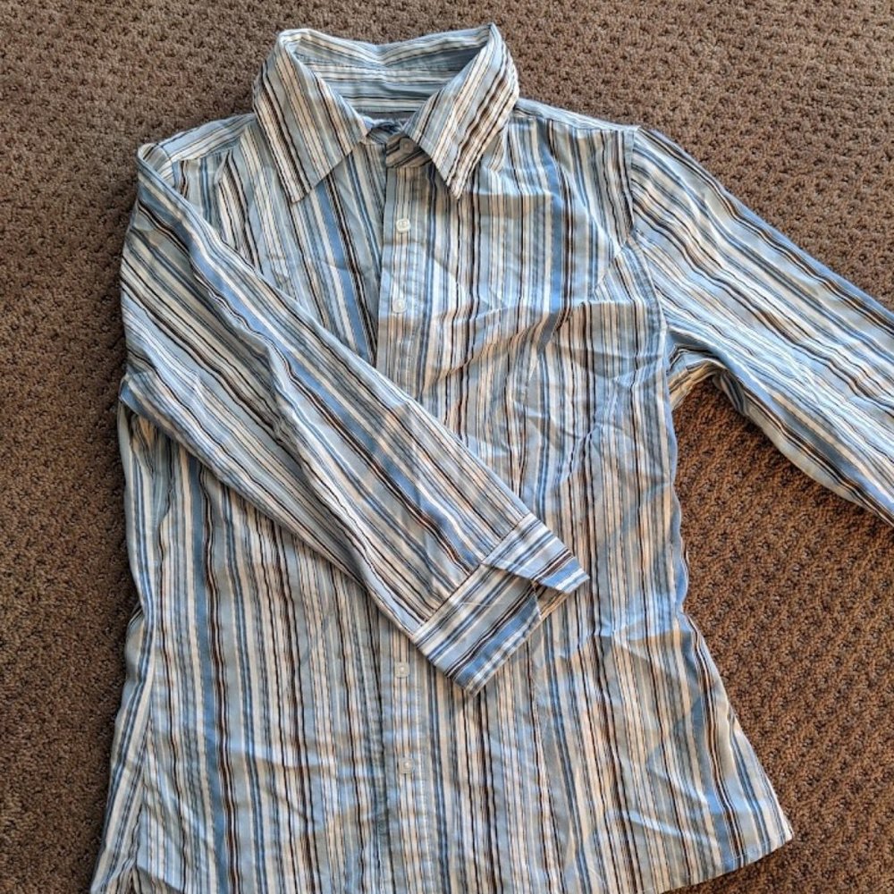 apt. 9 stretch, Blue, White, and Black Striped, 3/4 Length Sleeve, Blouse